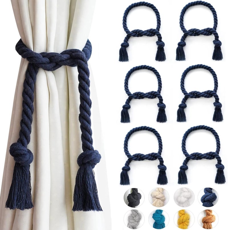 Yteseery 6 Pack Outdoor Curtain Tiebacks Rope, Natural Cotton Curtain Holders, Village Rural Rustic Curtain Holdbacks, Farmhouse Nautical Curtain Rope Tie Back for Drapery Patio, (Navy Blue) - Image 1